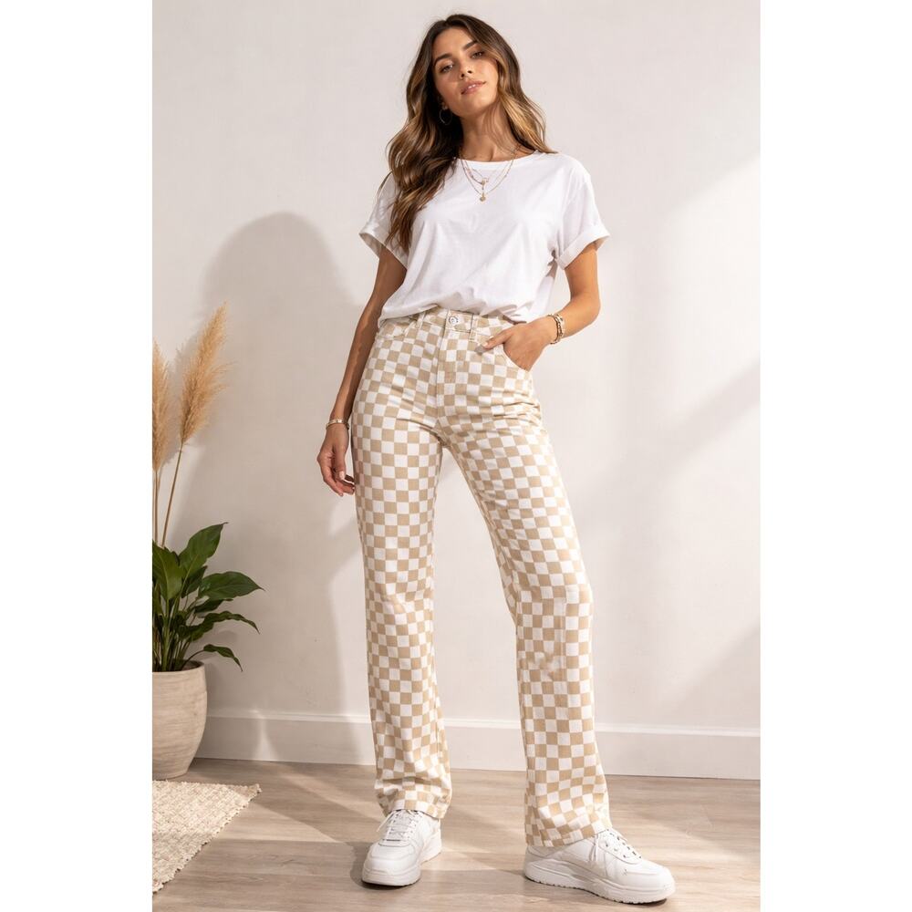 RSQ Baggy Jeans Checkered Woman’s Size 26 Tan/White Denim Skater Boho Grunge